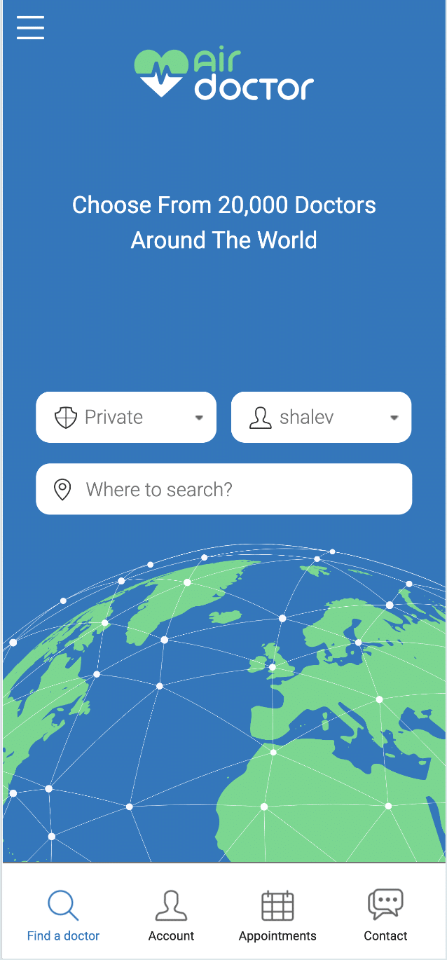Air Doctor app – searching for a doctor nearby