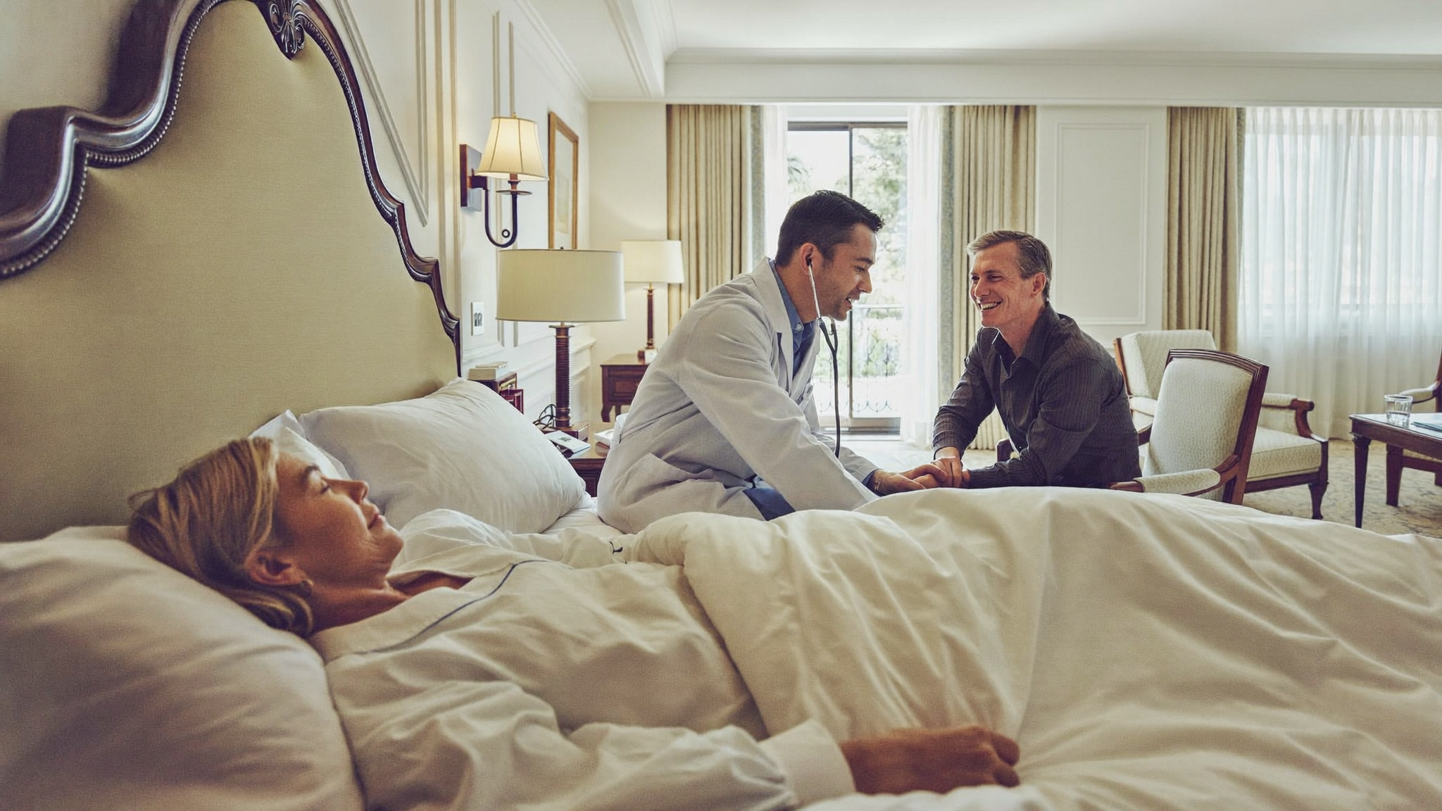 A doctor visiting a traveller at their hotel